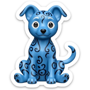 The image is of a small figurine of a blue dog. The dog is sitting on its hind legs with its front paws stretched out in front of it. The body of the dog is covered in a pattern of blue and black swirls, giving it a textured appearance.  sticker
