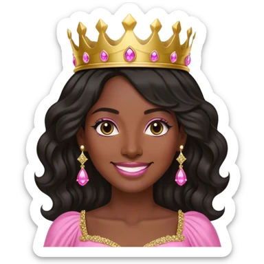 Crown dark black women smiling with really long lightly WAVY hair pink dress pink crown facing forward black hair middle age adult woman gold gems in crown gold earrings  one woman sticker