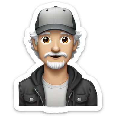 blue eyed gray haired gray goatee man in ball cap holding a black longhair chihuahua  sticker