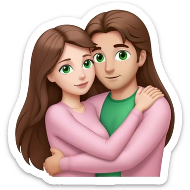 white woman with very long brown hair and green eyes in a light pink outfit hugging a man  sticker