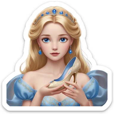 Cinematic Realistic Cinderella Portrait, depicted with lifelike skin texture, subtle rosy undertones, and soft natural lighting that enhances the gentle contours of her face. Her intricately detailed golden blonde hair is elegantly styled in an updo, with delicate wisps framing her face for added realism. Her deep, expressive blue eyes radiate warmth and sincerity, reflecting a quiet resilience and grace. She is dressed in her iconic ball gown, the fabric shimmering with intricate embroidery and fine translucent layers that catch the light beautifully. The soft sheen of satin gloves and the delicate sparkle of a glass-like slipper peeking from beneath her dress add a touch of magical realism. The portrait features an enchanting glow with a natural, luminous finish, seamlessly blending realism and fairytale charm to evoke a sense of depth, elegance, and timeless beauty. sticker