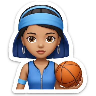 generate a pretty bratz that looks like Kajol.
 Wearing a blue zipper with short black bob cut hair and a matching blue headband. Carrying a basketball sticker