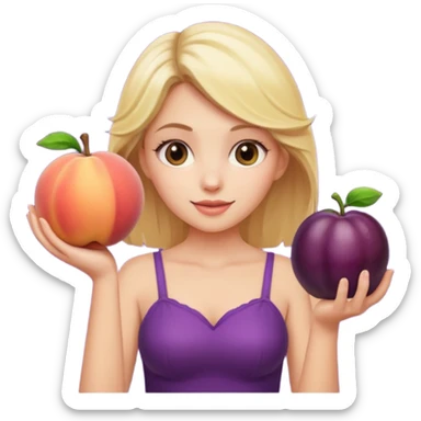 Blonde girl, holding up peach in one hand, eggplant in the other sticker