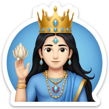 lord vishnu, shoulder length black hair, wearing crown, 2 hands each holding conch and chakra, blue color skin sticker