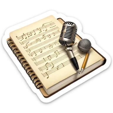 Create an emoji representing songwriting. The design should feature an open notebook or sheet music with visible lyrics between the musical notes, symbolizing the process of writing song lyrics. The text between the notes should be clearly visible. A pen or pencil should be placed near the notebook, indicating active writing. Optionally, include a single vintage microphone lying beside the notebook (not on the music notes) to add a creative touch. Use a harmonious color palette with warm and neutral tones. Do not include any emojis or smiley faces. Make the background transparent. sticker