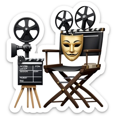 Icon for Acting: a theatrical mask, stage lights, a director’s chair, a script, a movie camera and a clapperboard, representing the craft of acting in theater and film. Famous actor-star. The design should reflect creativity, performance, and storytelling. Transparent background. sticker