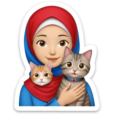 Asian White girl wearing red hijab holding a black grey tabby cat while smiling. The cat is wearing blue collar sticker