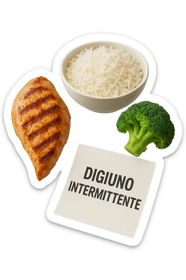 petto di pollo grigliato, bowl di riso basmati e broccoletti fluttuano in aria insieme ad un foglio con la scritta "DIGIUNO INTERMITTENTE", iperrealistico 4k sticker