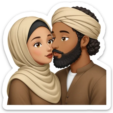 a hijabi brown girl kissing her husband with hes pale and black beard curly head sticker