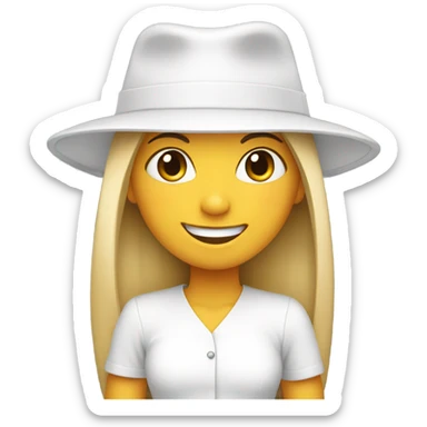 smiling girl in hat portrait white out fit straight hair closed smile sticker