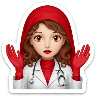 Lilith scalpel in hand, evil surgeon sexy surgeon clothes.  She has red eyes. She brown long curly hair. Wears sexy doctor outfit with red gloves. Wears red burka to hide her mouth and nose sticker