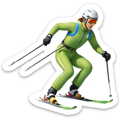 An icon featuring snowy peaks, pine trees, and a picturesque mountain landscape with a skier racing down a snow-covered slope. The sky is blue with soft clouds, capturing the thrill and beauty of alpine skiing. Transparent background highlights the excitement and serenity of winter sports. sticker