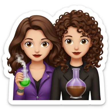 hiding potion — long wavy brown hair tattooed woman and short tight curly brown hair woman — guilty smile sticker
