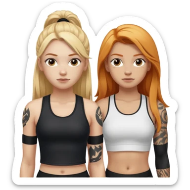 girl with long blonde hair and black tattoos next to a an athletic ginger girl sticker