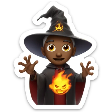 Human demonologist in a wizard costume, surrounded by a fiery halo, Halloween theme, emoji sticker
