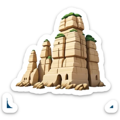 Cinematic Realistic Raouche Rocks, Beirut Landmark Emoji, depicting the majestic limestone rock formations rising from the Mediterranean Sea, with waves crashing against their bases under a vibrant sky. sticker