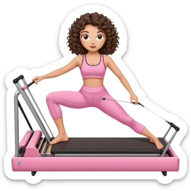 brunette,curly hair shoulder lenght,turkish,beautiful,with some eyelined eyes, 3b girl doing reformer pilates with pink pilates cutesy set,on reformer machine,making different moves. sticker