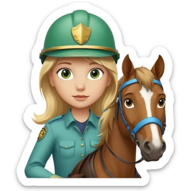 una ragazza bionda con occhi azzurri/verdi sopra un quarter horse con criniera marrone sticker