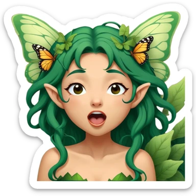 Cinematic Realistic Forest Fairy Portrait, head tilted slightly with a dramatic, wide-open yawn, revealing a tender, relaxed visage with finely detailed tanned skin and flowing, vine-adorned dark green hair gently framing her face. Her sleepy eyes exude a serene, dreamlike quality as soft natural sunlight filters through the canopy, showing her large butterfly wings from her back capturing the essence of a drowsy yet captivating forest drifting into peaceful slumber. sticker