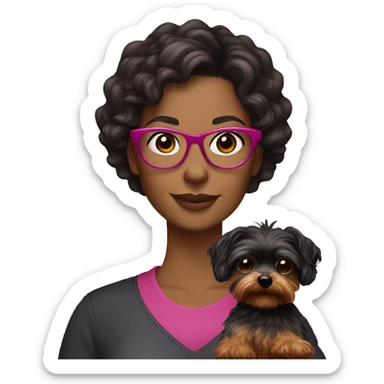 40 years old woman with dark brown long hair ,slidly curly wearing glasses with a dark pink frames  holding a yorkie dog sticker