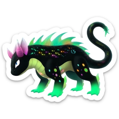 Rare realistic black-scaled neon-glowing bioluminescent edgy badass epic pretty beautiful handsome gorgeous aesthetic colorful vibrant Vernid-Trico-species-Fakemon-creature by LiLaiRa, 4 legs, 1 tail, random markings, (full body) sticker
