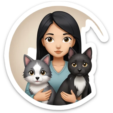 a Chinese girl with long black  straight hair and tattoos and A grey border collie dog and a black round faced cat sticker