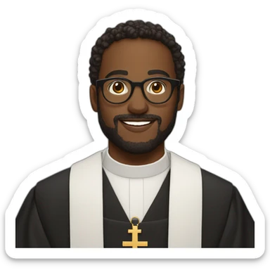 young black catholic priest beard, curly hair, with rounded glasses and clerygman sticker