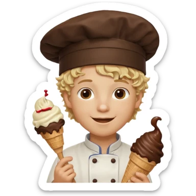 boy blonde curly hair, chef, eating chocolate ice cream sticker