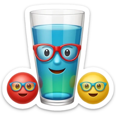 Cute 3D cartoon emoji sticker of a plastic glass-and-ball game with three glossy plastic glasses (blue, green, red) and a yellow ball. Soft lighting, smooth shadows, playful look, white sticker outline, transparent background, high resolution.” sticker