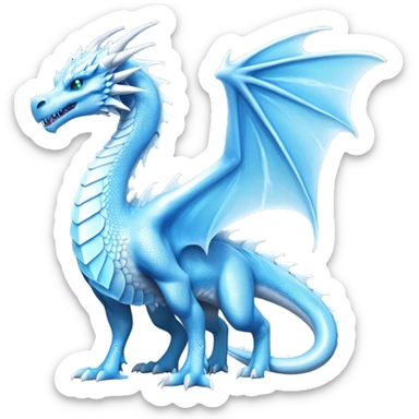 Cinematic Noble elegant Ice Dragon full body Emoji, Poised and imposing, distinct long elegant snout, with a slender, scaled body shimmering in glacial hues of icy blue, frostbitten silver, and crystalline white, breathing out frost, with piercing, glowing eyes that radiate the chilling depths of an arctic storm; rendered in detail. displaying its wings sticker
