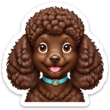 Cinematic Comical Chocolate Poodle Portrait Emoji, Head tilted dramatically with an exaggeratedly amused expression, featuring a glossy, curly chocolate Fur with a bouncy texture, wide, expressive brown eyes filled with playful disbelief, Simplified yet hilariously expressive features, highly detailed, glowing with a slightly sassy glow, high shine, dramatic yet playful, stylized with an air of cheeky mischief, bright and endearing, soft glowing outline, capturing the essence of a spirited and over-the-top companion, so meme-worthy it feels like it could side-eye its way into internet fame instantly! sticker