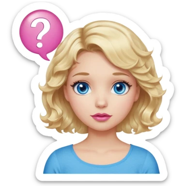 Girl Blonde short wavy hair,  blue eyes, cute blue top, long lashes, pink lips, question mark bubble sticker