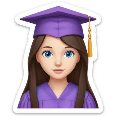 young brunette girl long hair, blue eyes and lilac gown and cap university graduate sticker