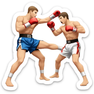 An icon symbolizing kickboxing, featuring two fighters in the midst of an intense match. One throws a powerful roundhouse kick, while the other counters with a punch. The background shows a ring, with ropes and a cheering crowd. Transparent background highlights the action and strength sticker