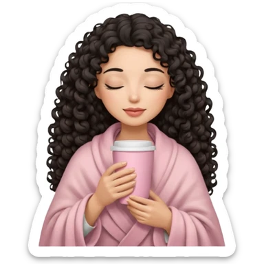 hispanic woman, black long 3b curls, closed eyes, feminine face, holding soft pink coffee cup with beige blanket over shoulders sticker