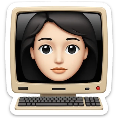 White and black 80s computer with face sticker