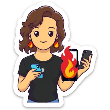 brunette girl with wavy medium length hair, brown eyes, light/medium skin tone, holding iPhone and light phone, wearing black tee shirt with flames on it and colorful beaded charm necklace sticker