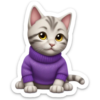 a kitten wearing a purple sweater with a shooting star sticker