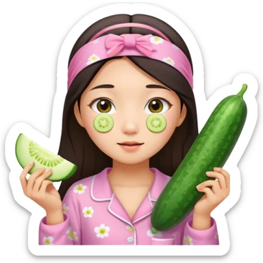 angelic asian girl doing skin care in pink pajamas, with a headband and cucumber slices on her eyes sticker