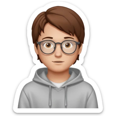 white boy with brown hair and eyes middle part glasses freckles and hoodie sticker