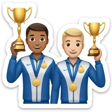 winner ceremony with one guy handing another guy a trophy. One having a medal around his neck sticker