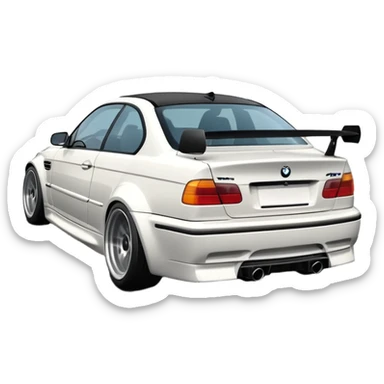 

A white BMW M3 E46, seen from behind at a certain angle, is drifting through a corner; the wheels are not straight, they are changing according to the rotation of the drift. sticker