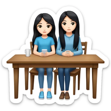 White girl full body sitting at table with black hair sticker