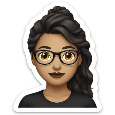 Pretty girl with dark blonde hair wearing  black eye glasses and a a black t shirt sticker