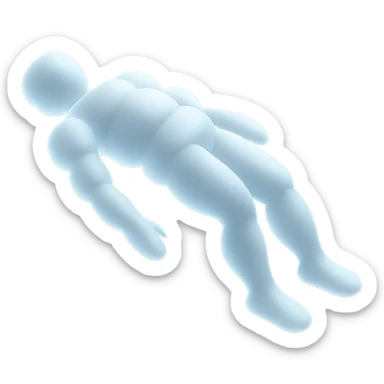side view of unconscious person flying torso up, legs and arms down, made of small very bright white fluffy convex clouds, matte glass style sticker