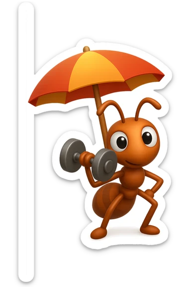 EMOJI STILE IPHONE 3D DI una formica che si allena sotto l'ombrellone in spiaggia con un manubrio da palestra in mano, fagli anche la parte bianca degli occhi, non solo la pupilla sticker