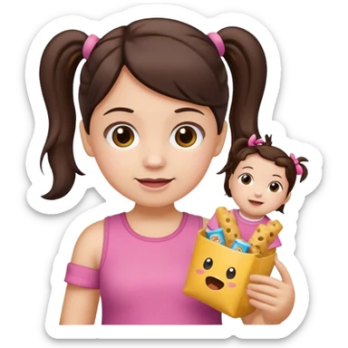 Toddler emoji with two pigtails dark brown hair, fair skin, in pink top, holding toddler snacks sticker