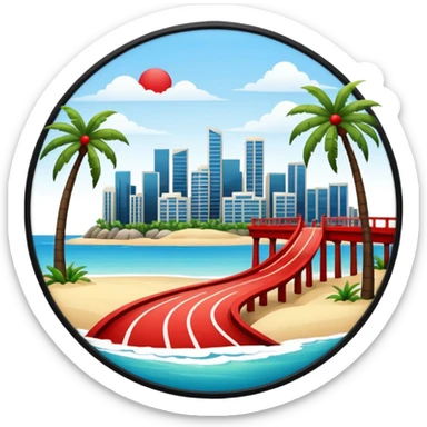 a circle island with modern buildings, a beach with palm trees. also, a red bridge behind.  sticker