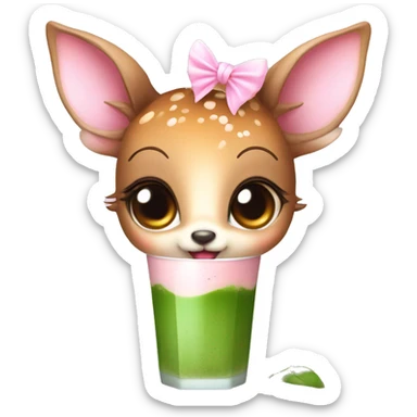 baby deer with fairy wings and a pink bow around its neck drinking iced matcha latte  sticker