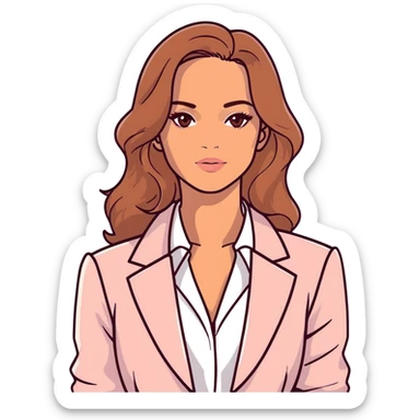 A 30-year-old woman with tanned skin, light brown long wavy hair, delicate face, almond-shaped eyes with smoky foxy eye makeup, brown eyes, wearing a light pink blazer and white satin cowl neck blouse with thin straps sticker